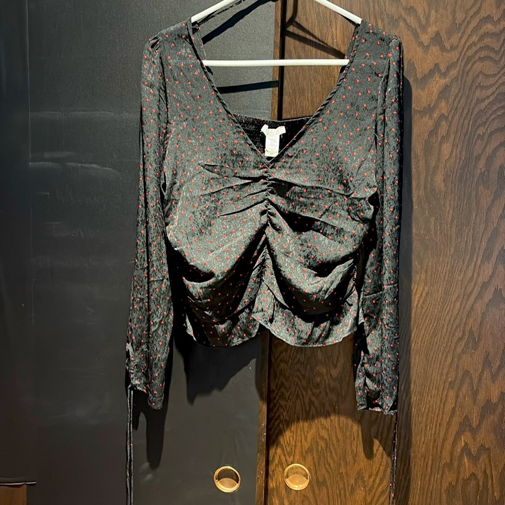 Black crepe top with red hearts